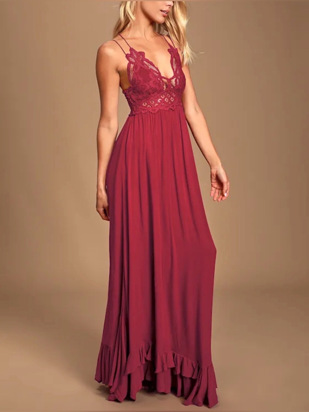 Free People FP One Adella Maxi Dress Cranberry XS Ruffle Lace Floral Romantic